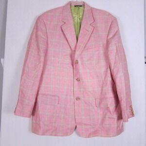 Peter Millar 44R Blazer Wool Linen Blend Pink Window Pane Plaid 3 Button